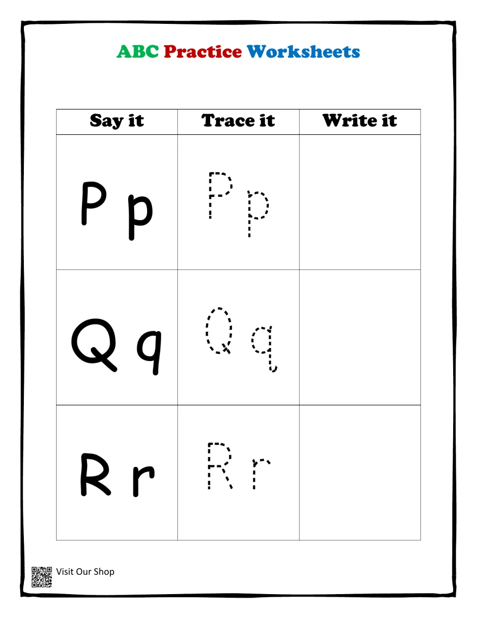 Letters Pp, Qq and Rr: students name each upper and lowercase letter, trace the dashed outlines, then print them freehand