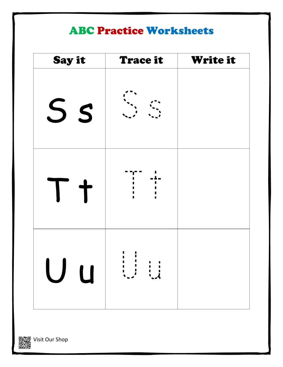 Letters Ss, Tt and Uu printing practice: children say the letter pair, trace the dotted forms and write each pair alone