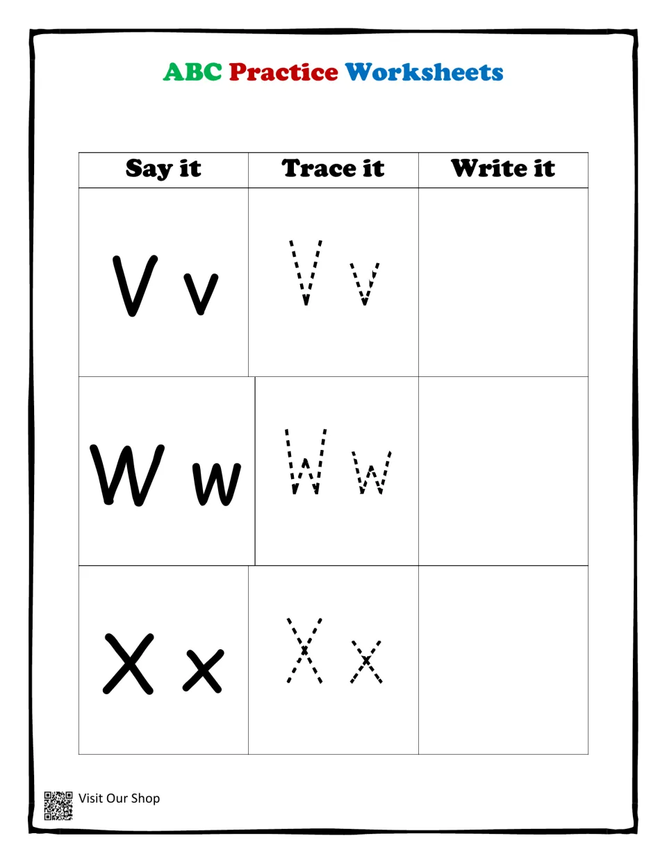 Letters Vv, Ww and Xx: learners say each capital and lowercase pair, trace the dashed letters and then write them unaided