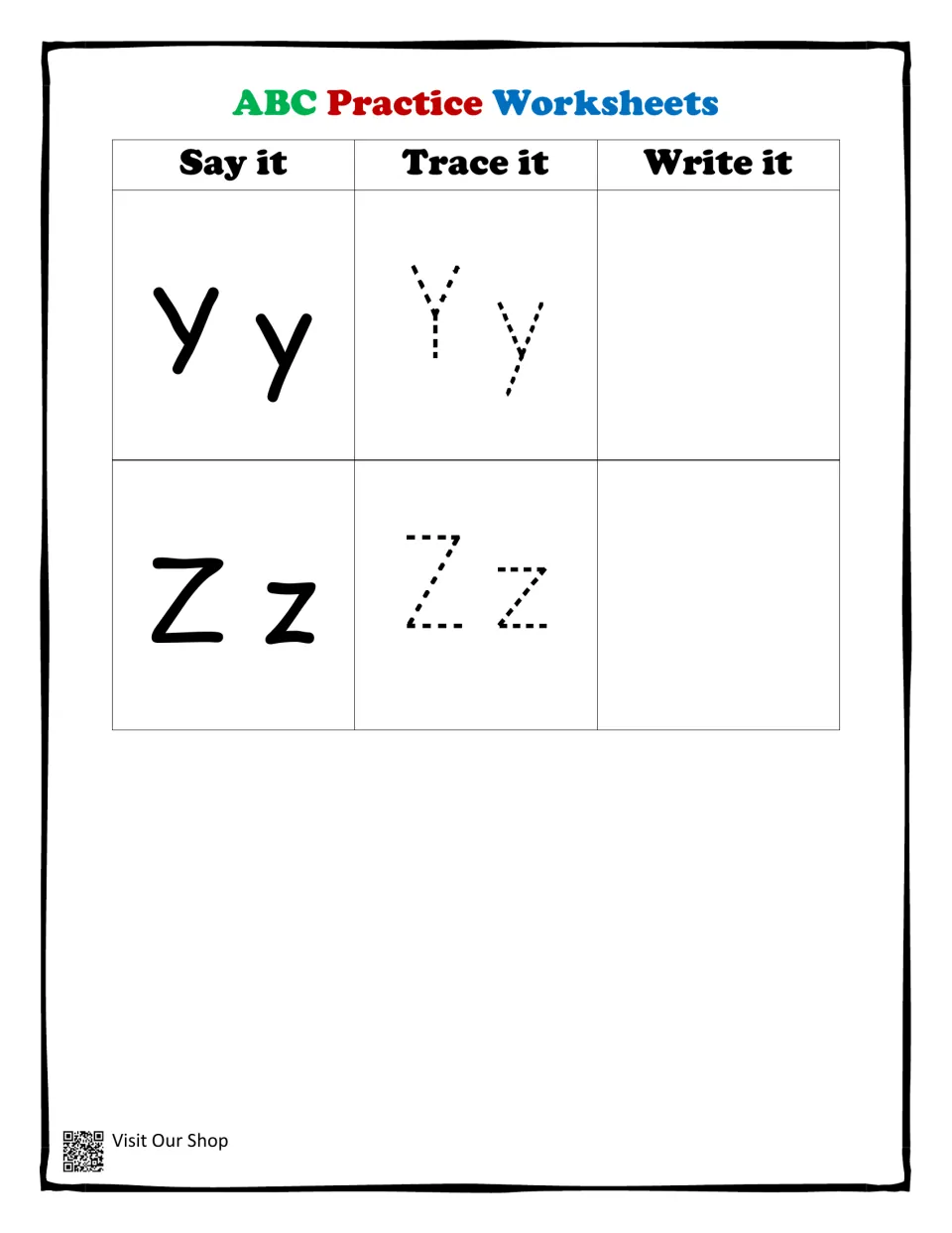 Letters Yy and Zz, the end of the alphabet: students say both letter pairs, trace the dotted versions, then write them
