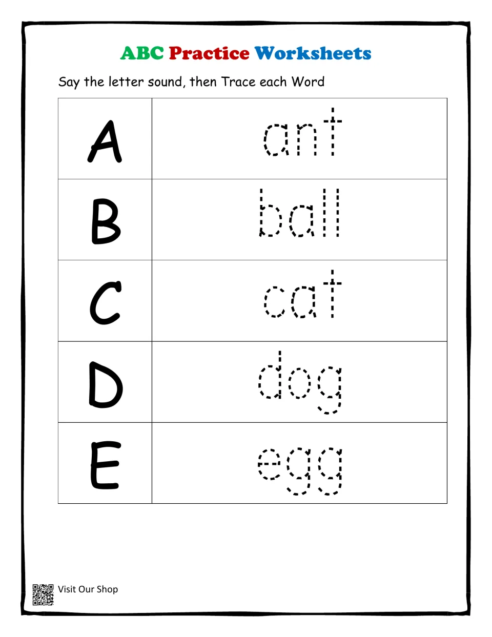 Beginning sounds A to E: students say each letter's sound, then trace the matching word ant, ball, cat, dog and egg