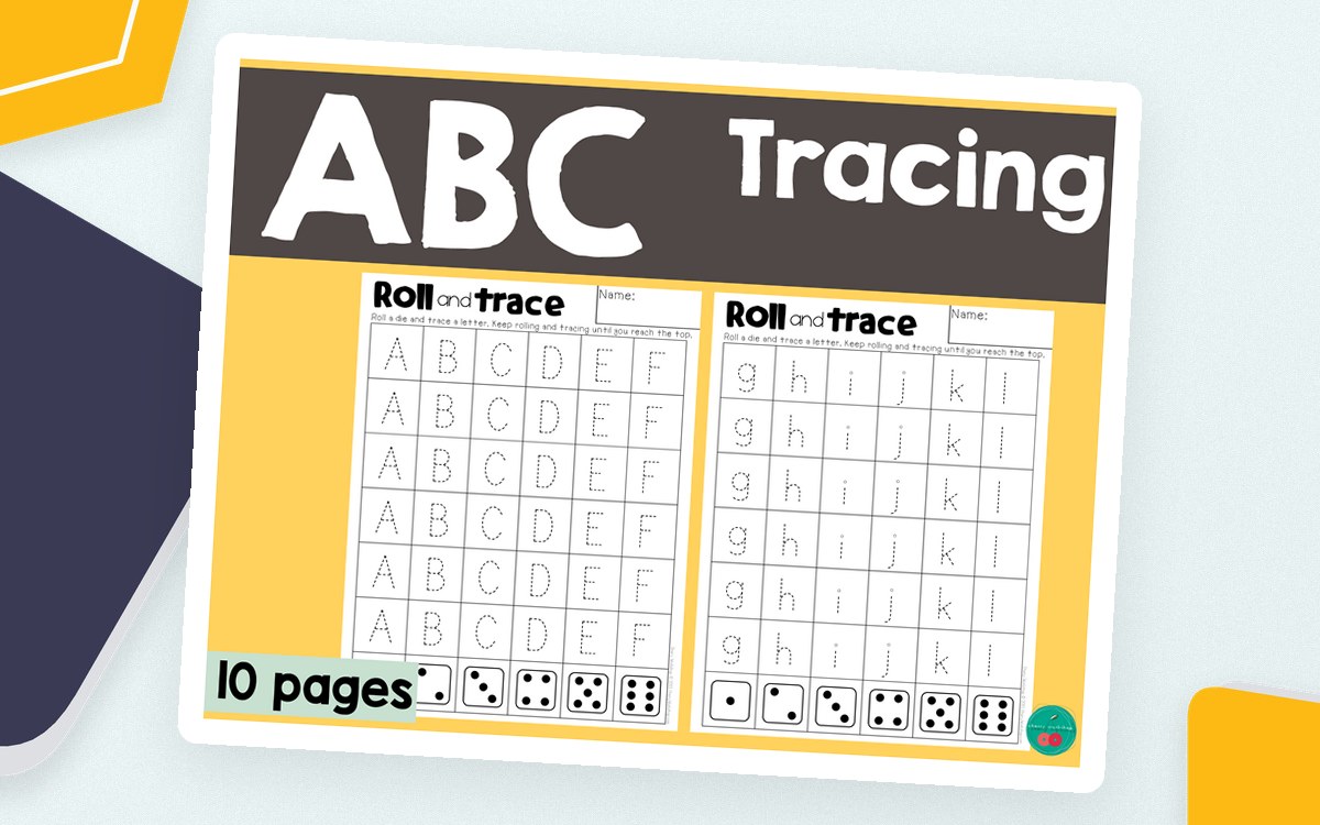 ABC Roll and Trace cover with uppercase and lowercase tracing grids and dice icons.