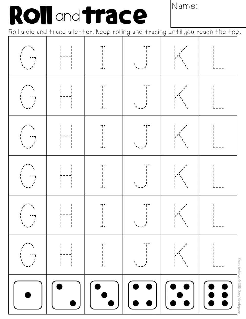 Uppercase G to L tracing game: students roll a die, find the column for that number and trace one more dashed letter