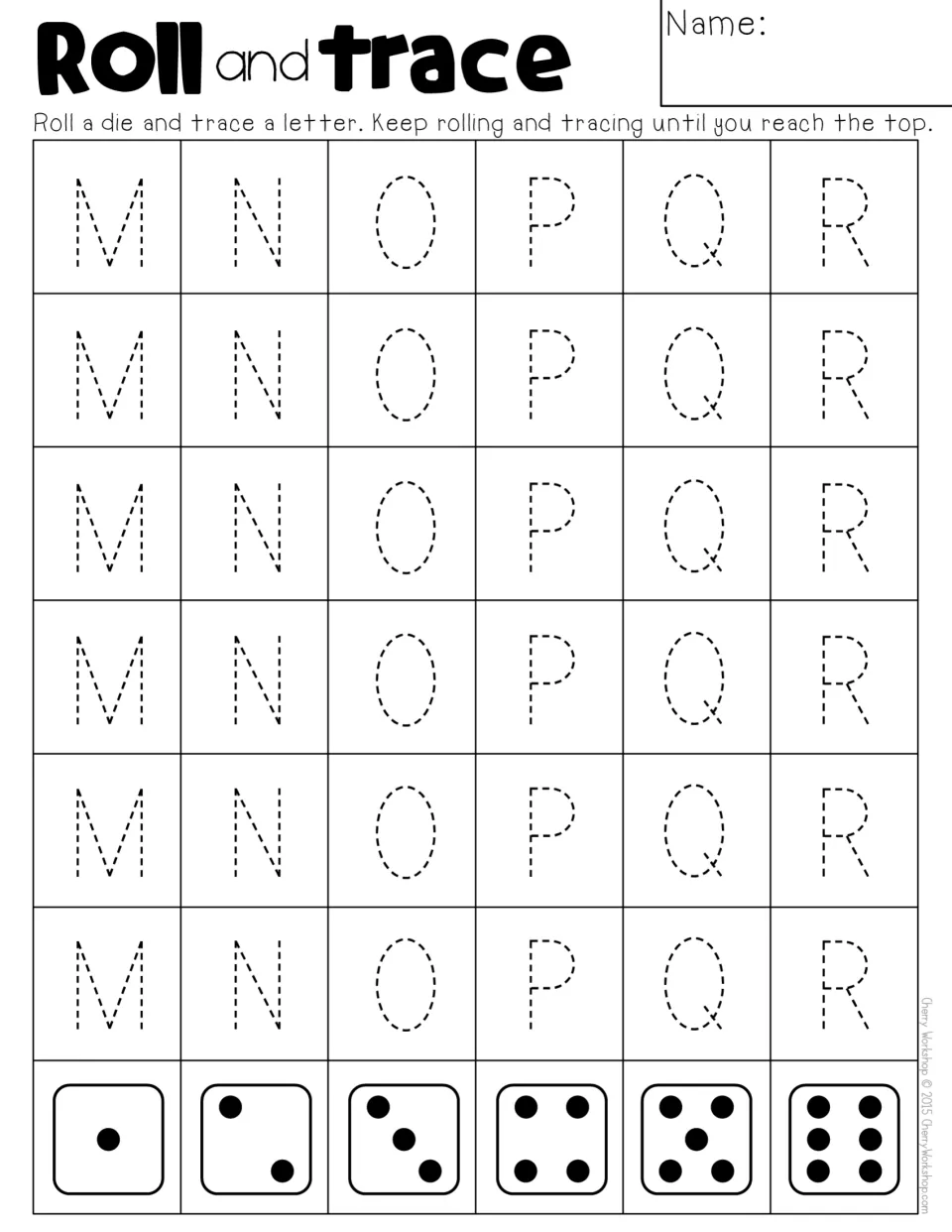 Uppercase M to R letter formation race: roll a die and trace the dashed M, N, O, P, Q or R shown by the dots rolled