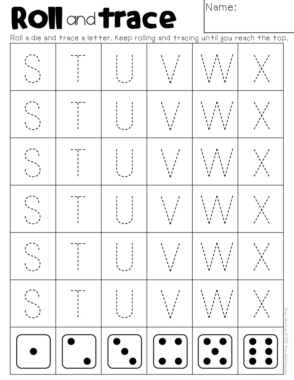 Uppercase S to X tracing practice: students roll, then trace S, T, U, V, W or X, racing to fill a column to the top