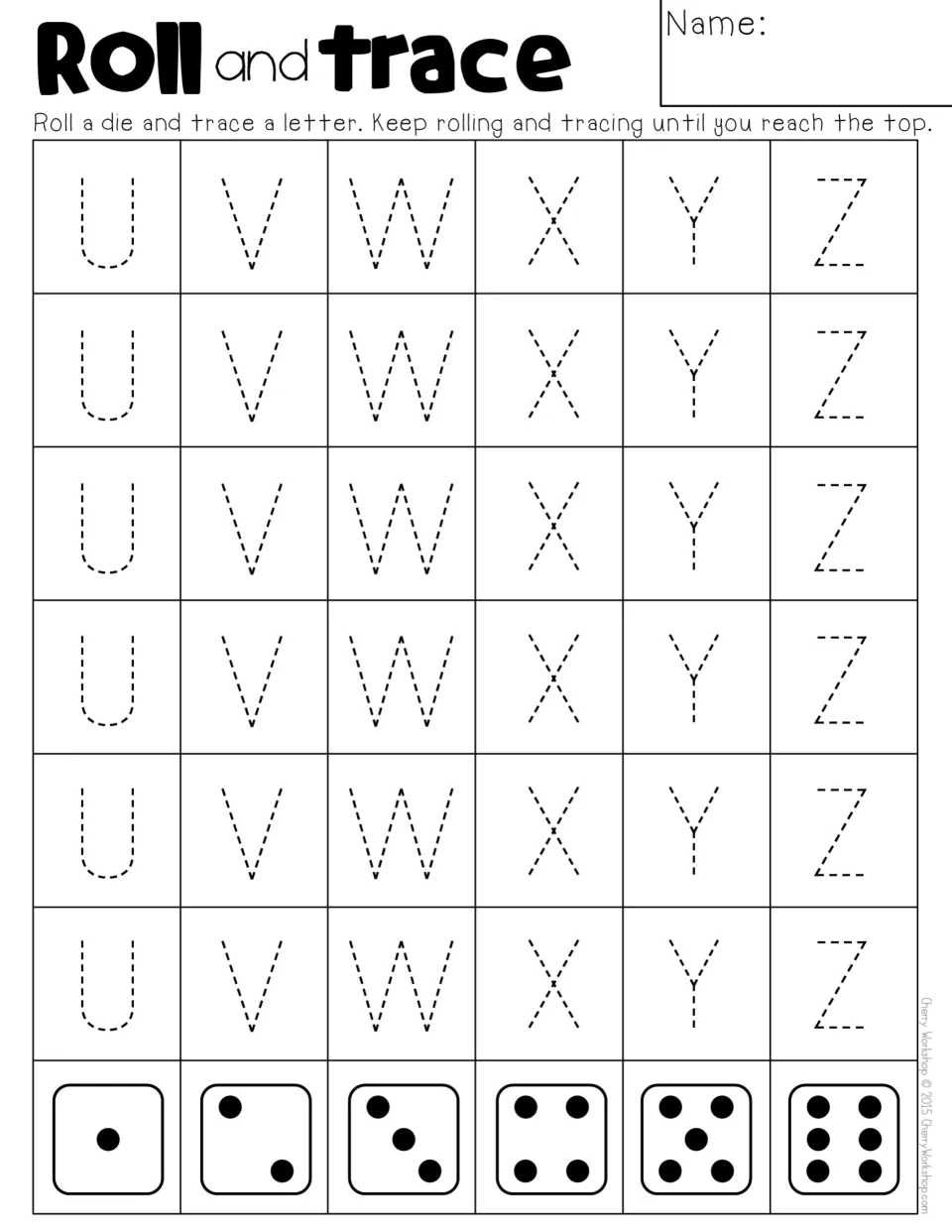 Uppercase U to Z tracing game: each die roll sends students to trace a dashed U, V, W, X, Y or Z in that column