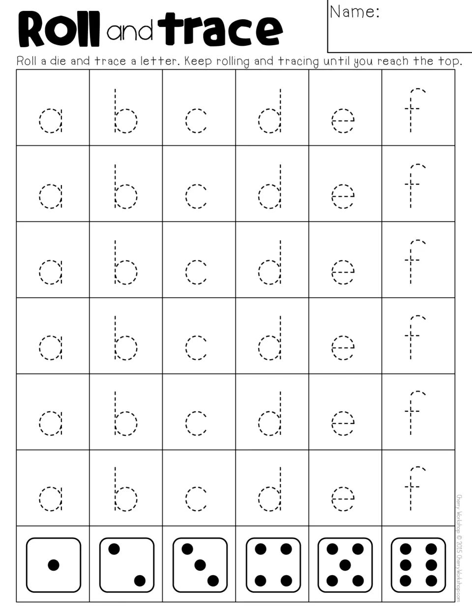 Lowercase a to f tracing game: students roll a die and trace a dashed a, b, c, d, e or f matching the number of dots
