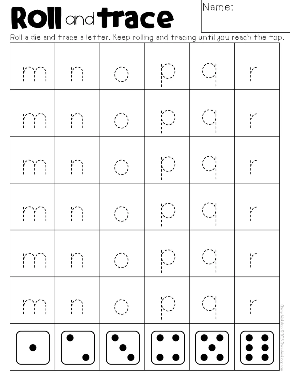 Lowercase m to r letter formation race: roll a die, then trace a dashed m, n, o, p, q or r for the number rolled