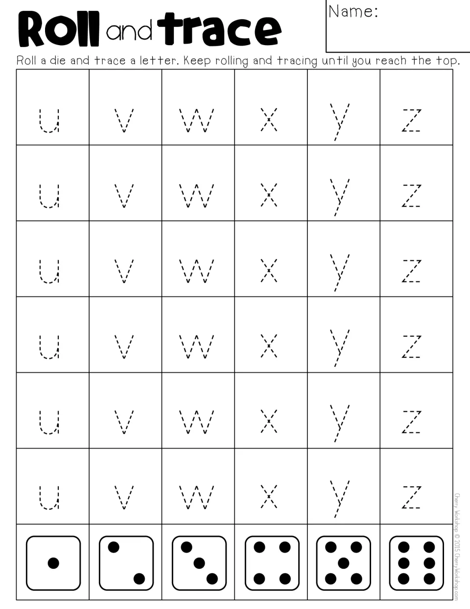 Lowercase u to z tracing game: students roll a die and trace one dashed u, v, w, x, y or z per roll up the columns
