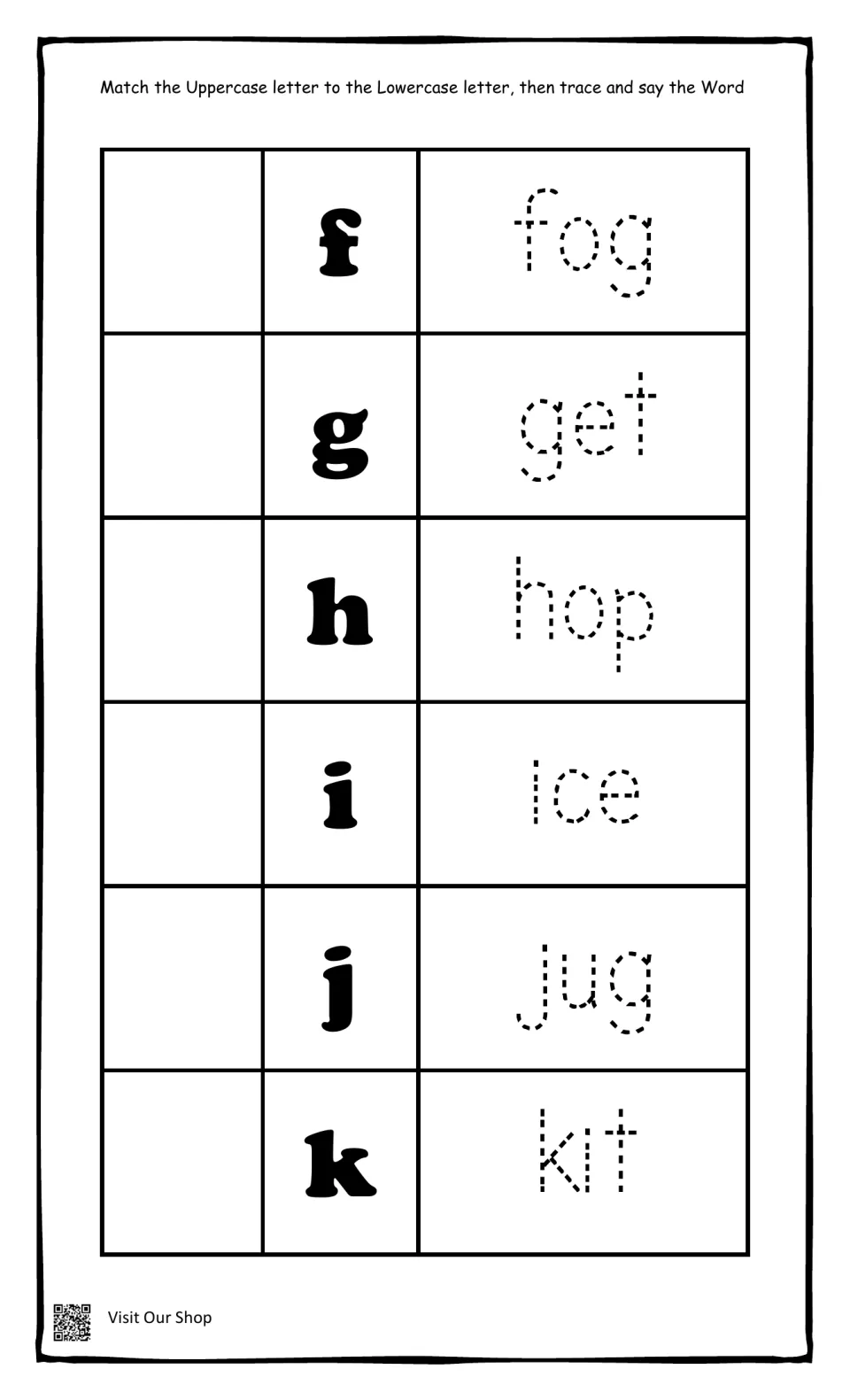 Letters f to k: students match uppercase letter to its lowercase partner, then trace and say fog, get, hop, ice, jug, kit