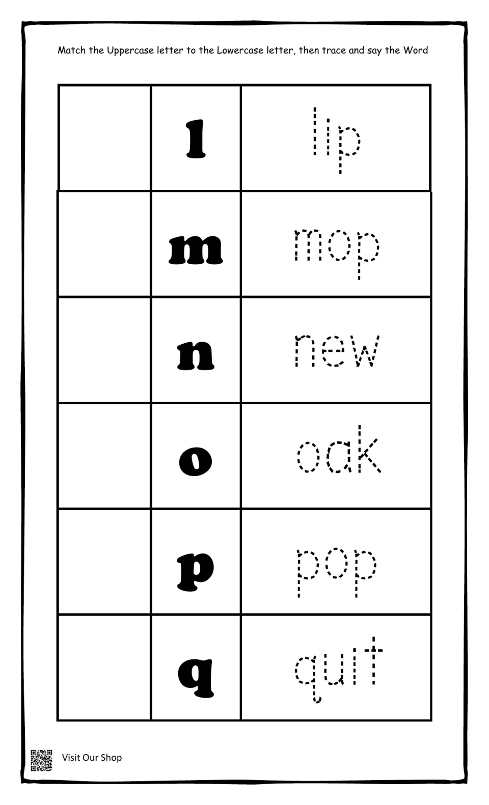 Letters l to q: students pair uppercase with lowercase letters, then trace and read aloud lip, mop, new, oak, pop and quit