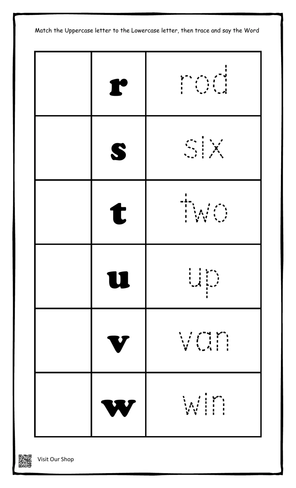 Letters r to w: students match uppercase and lowercase letter pairs, then trace and say rod, six, two, up, van and win