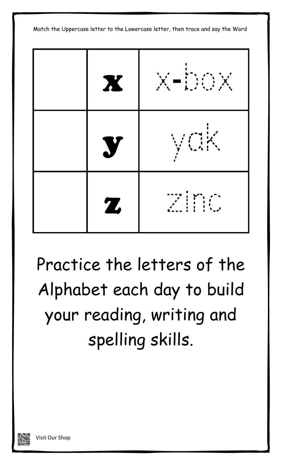 Letters x, y and z: students match uppercase to lowercase, trace x-box, yak and zinc, then read a daily practice note