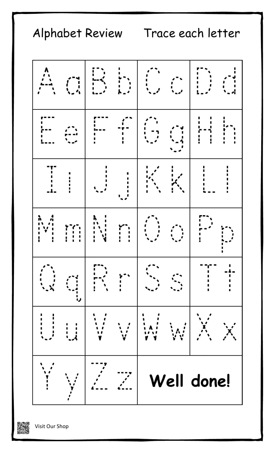 Alphabet Review: students trace dotted uppercase and lowercase pairs Aa to Zz to practise letter formation