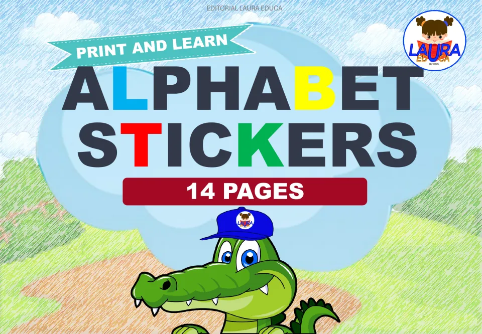 Cover of the printable alphabet sticker resource, labeled 'Print and Learn', 'Alphabet Stickers' and '14 Pages'