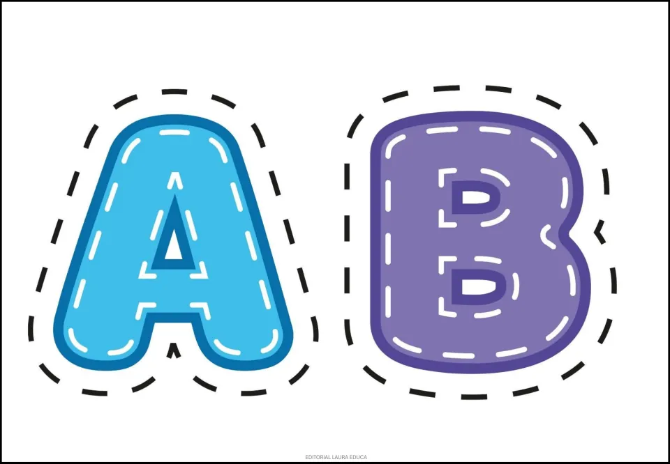 Alphabet sticker sheet featuring uppercase A in blue and B in purple, two printable letters in the set