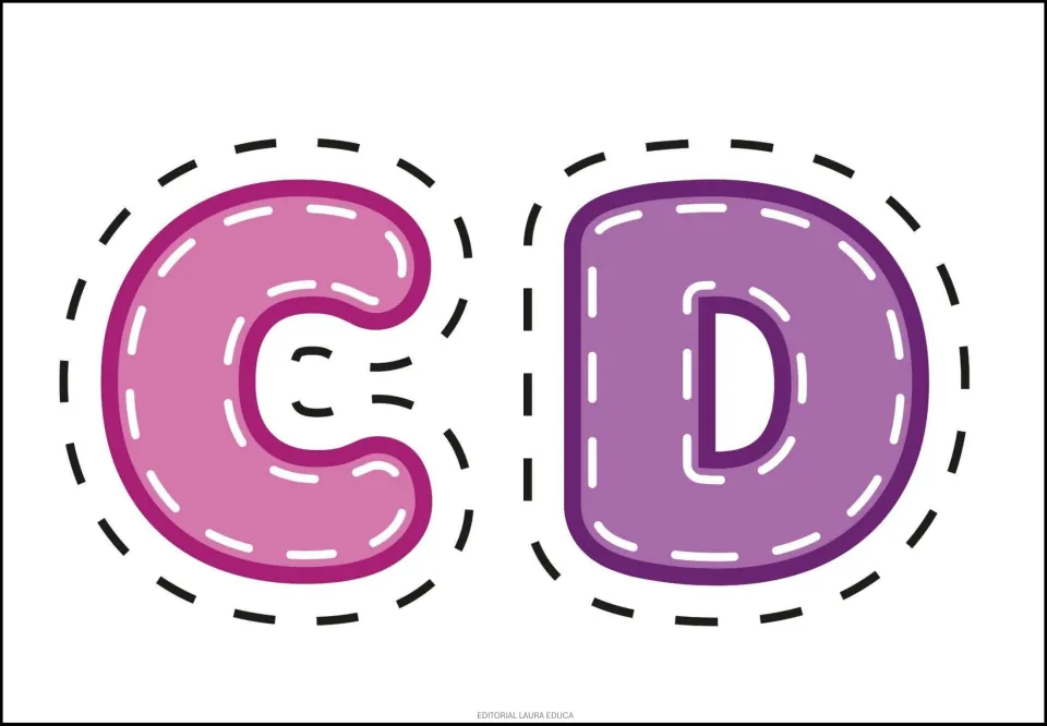 Alphabet sticker sheet featuring uppercase C in pink and D in purple, two printable letters in the set