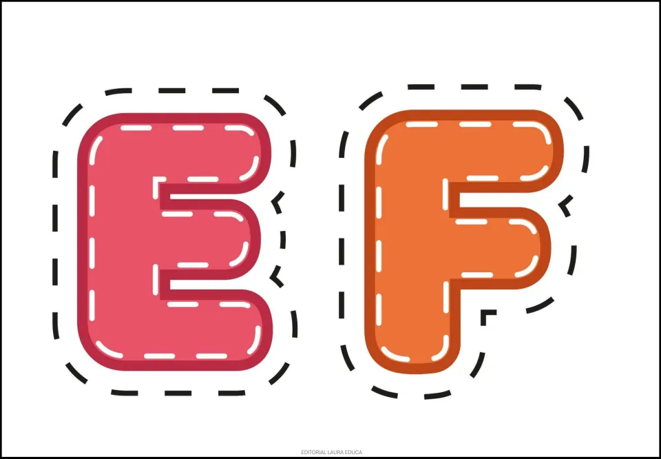 Alphabet sticker sheet featuring uppercase E in red and F in orange, two printable letters in the set