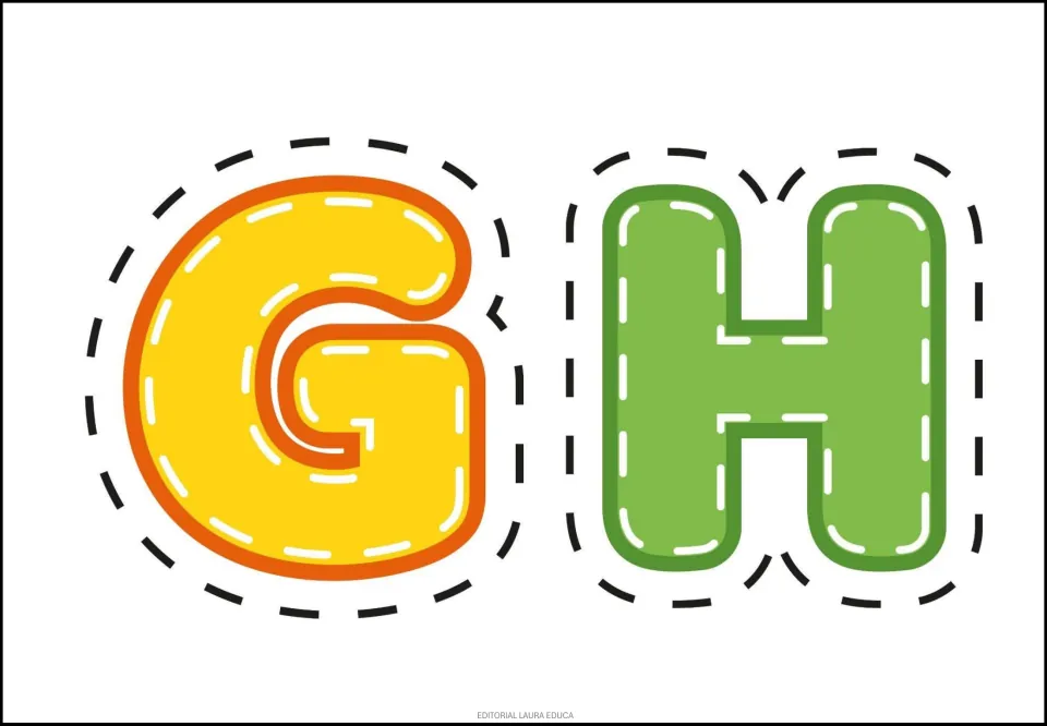 Alphabet sticker sheet featuring uppercase G in yellow and H in green, two printable letters in the set