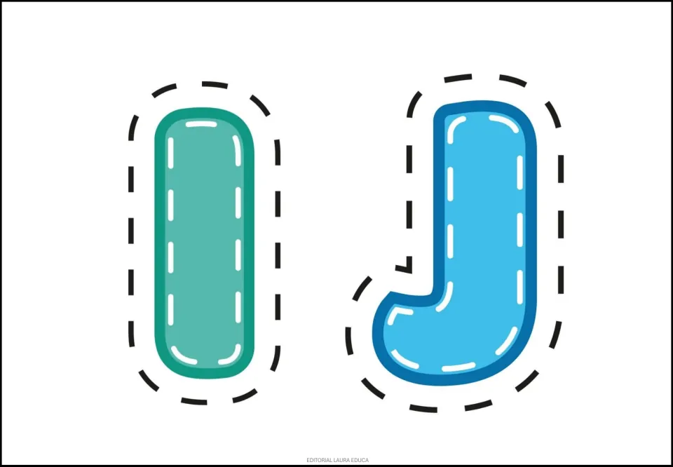 Alphabet sticker sheet featuring uppercase I in teal and J in blue, two printable letters in the set