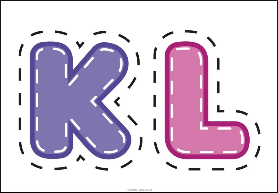 Alphabet sticker sheet featuring uppercase K in purple and L in pink, two printable letters in the set
