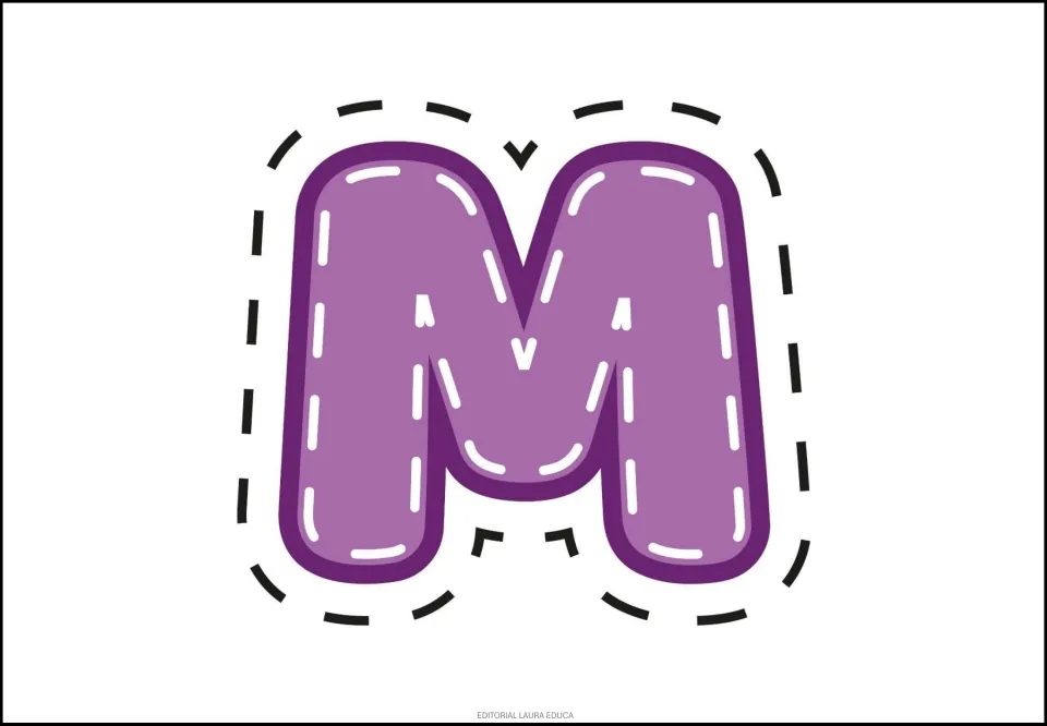Alphabet sticker sheet featuring a single purple uppercase M, one of the printable letters in the set