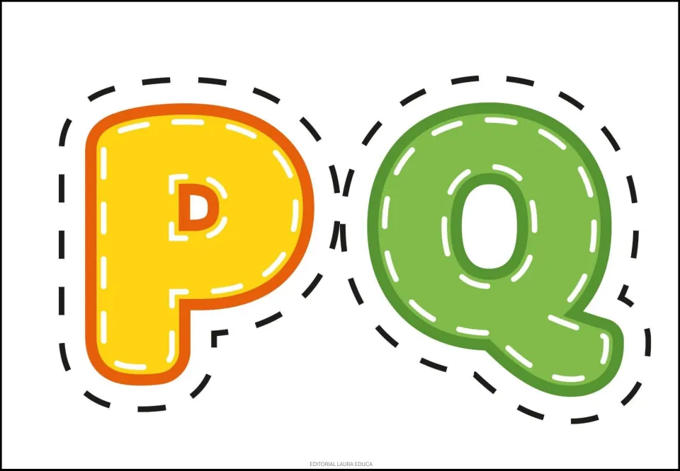Alphabet sticker sheet featuring uppercase P in yellow and Q in green, two printable letters in the set