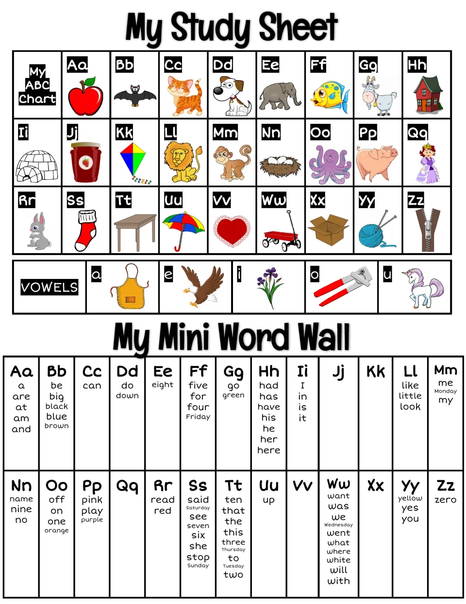 Alphabet and sight words: picture ABC chart with vowel pictures above a mini word wall of high-frequency words by letter