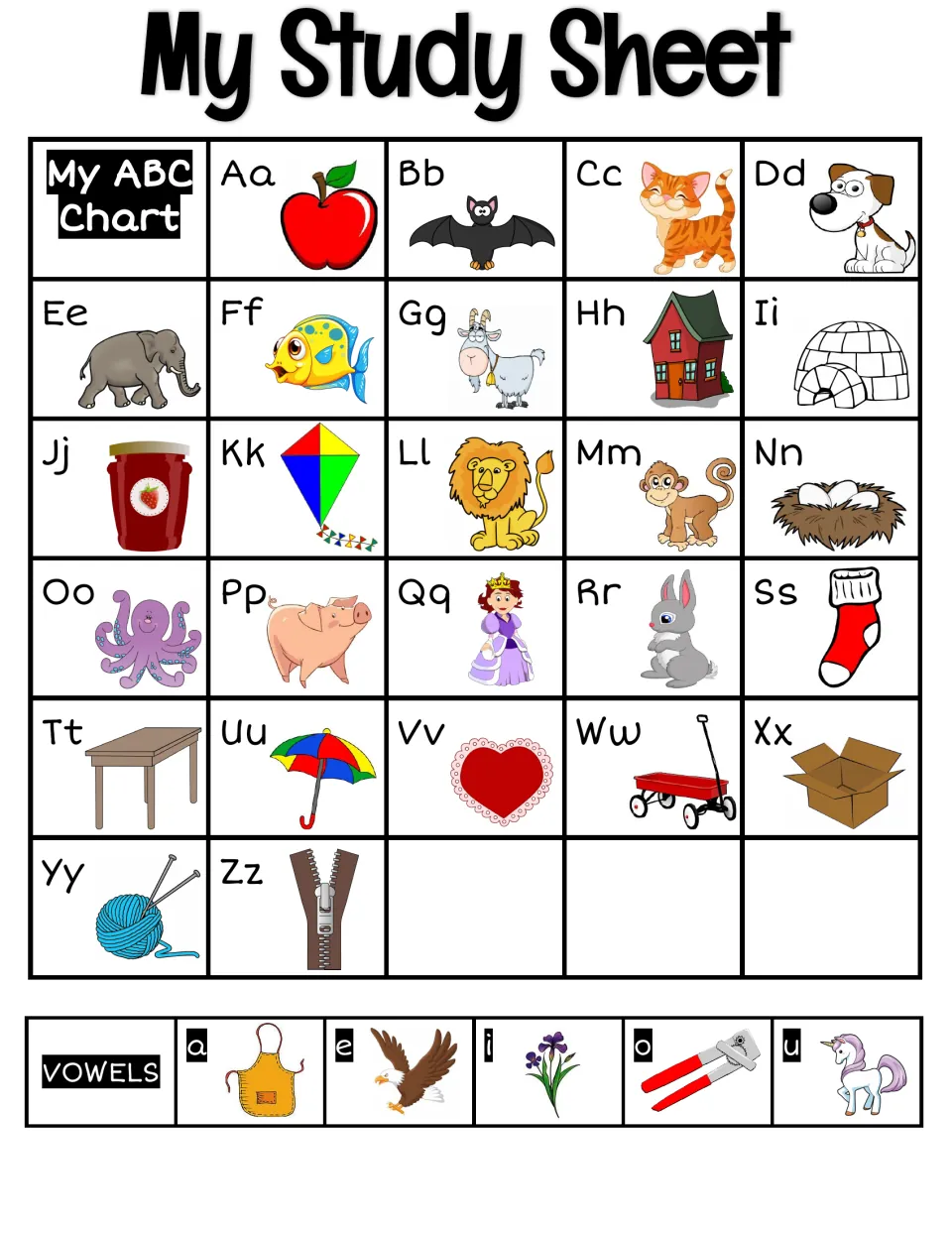 Letter-sound chart: Aa to Zz each paired with a picture (apple, bat, cat, zipper) plus vowel pictures for a, e, i, o, u