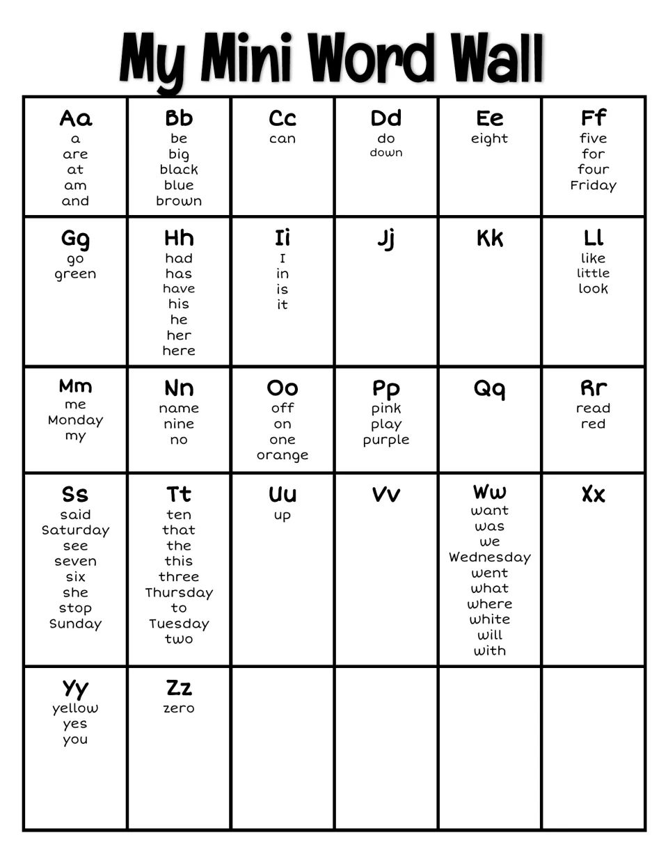 Mini word wall: high-frequency words listed under each letter, such as and, can, go, the, was, you, plus days of the week
