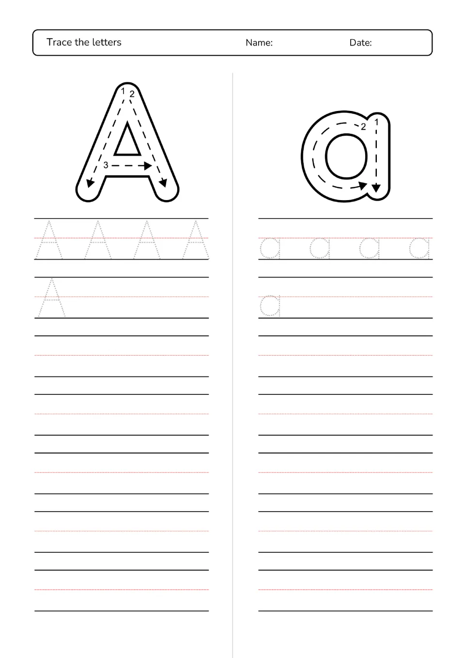 Letter A and a: students follow numbered stroke arrows, trace dotted A and a, then write each letter independently
