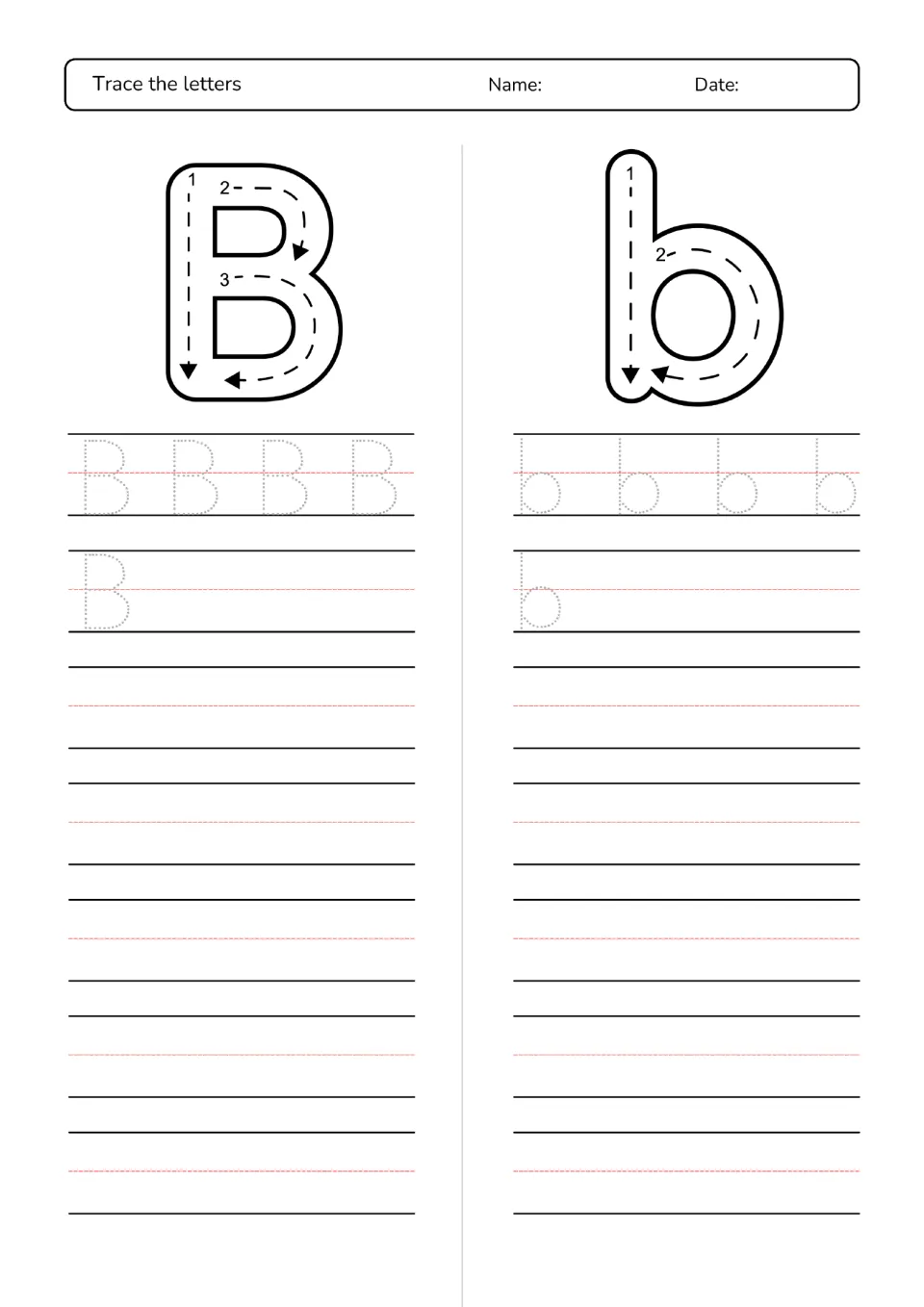 Letter B and b tracing: numbered arrows show stroke order, then students trace dotted B and b and practise them freely