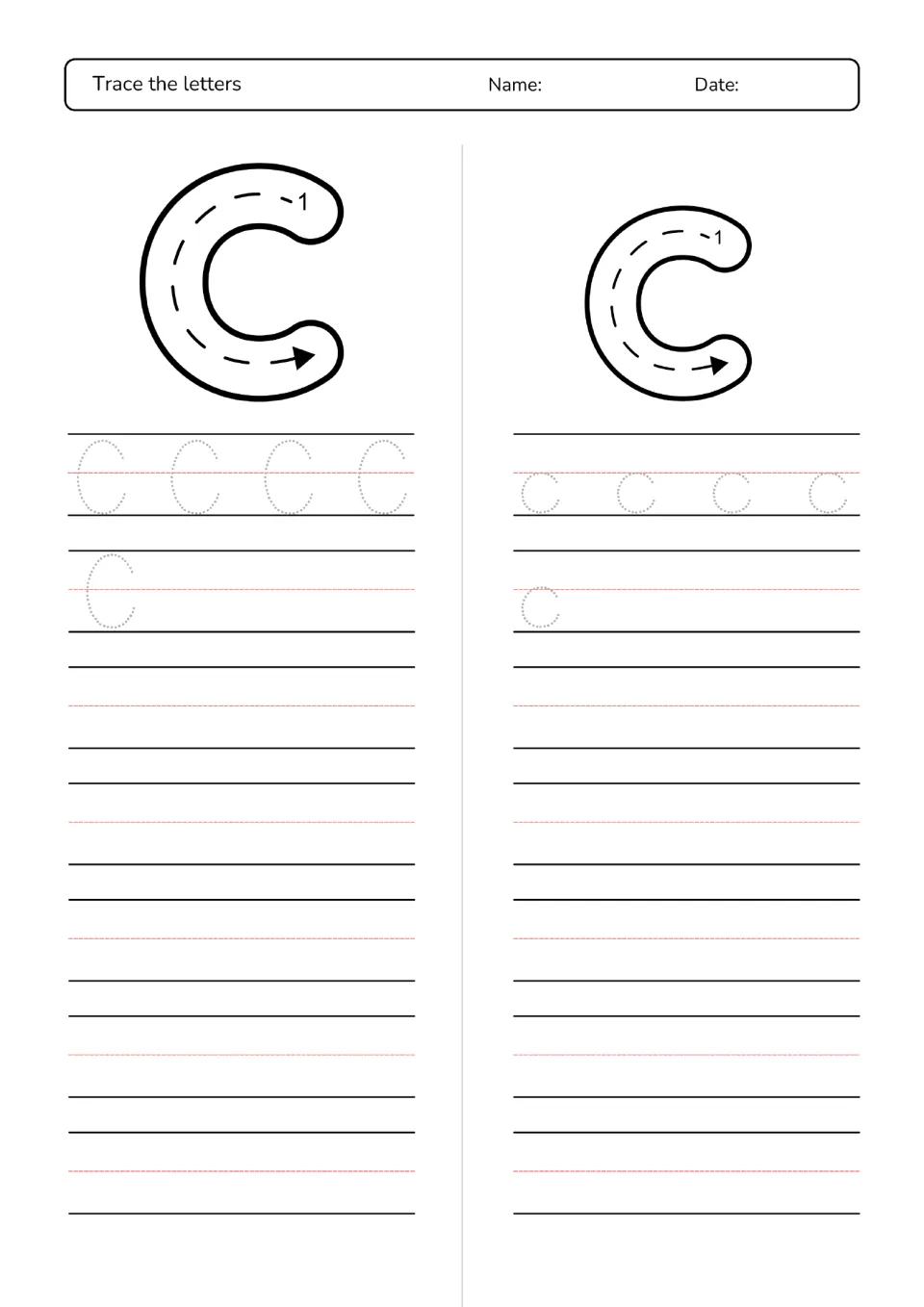 Letter C and c handwriting: one curved stroke arrow models each letter; students trace dotted C and c, then write their own