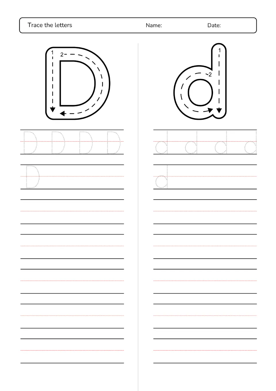 Letter D and d formation: students follow strokes 1 and 2 on model letters, trace rows of dotted D and d, then copy them