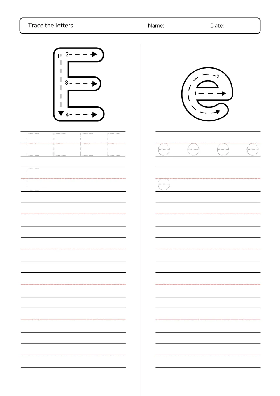 Letter E and e practice: capital E shows four numbered strokes and lowercase e two; students trace dotted letters and write
