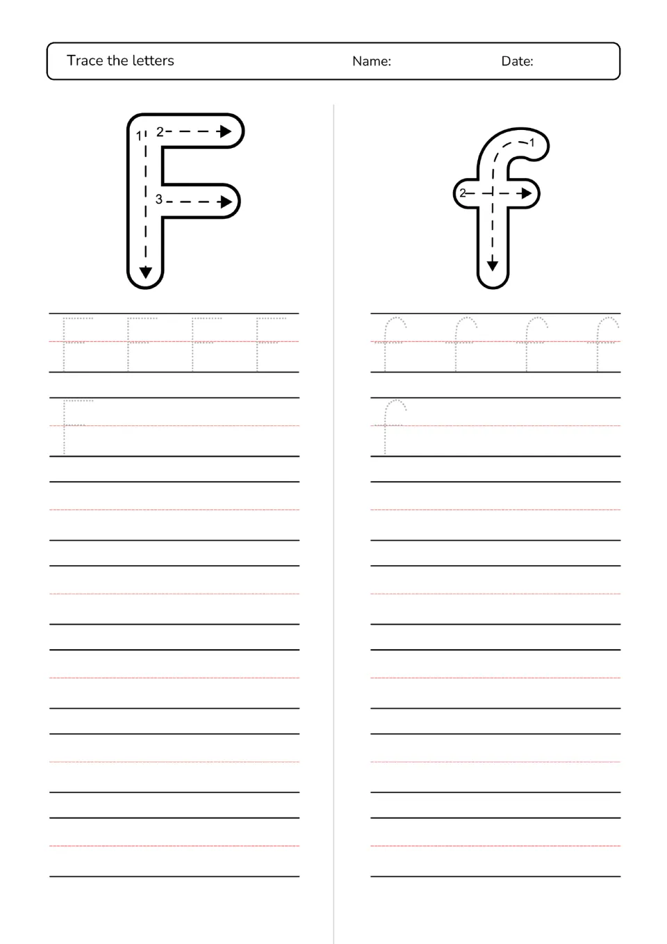 Letter F and f stroke order: students trace the arrowed model letters, then dotted F and f, before writing them alone