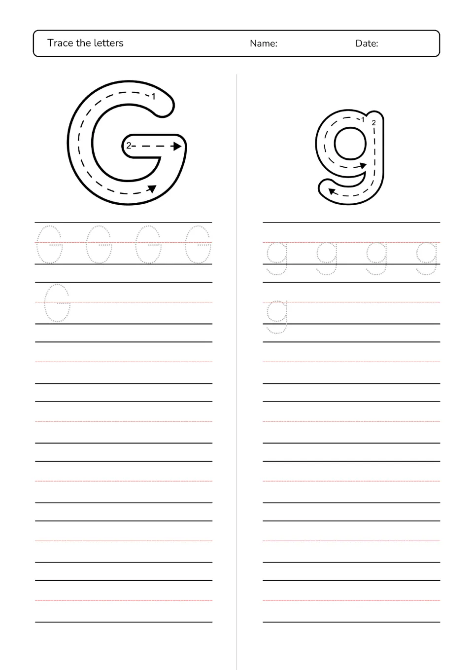 Letter G and g tracing: arrows model each stroke, including g's tail; students trace dotted G and g and copy them