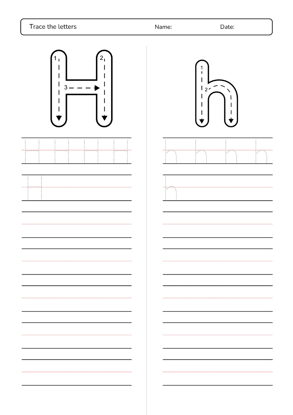 Letter H and h formation: three numbered strokes for H and two for h guide tracing of dotted letters, then free writing