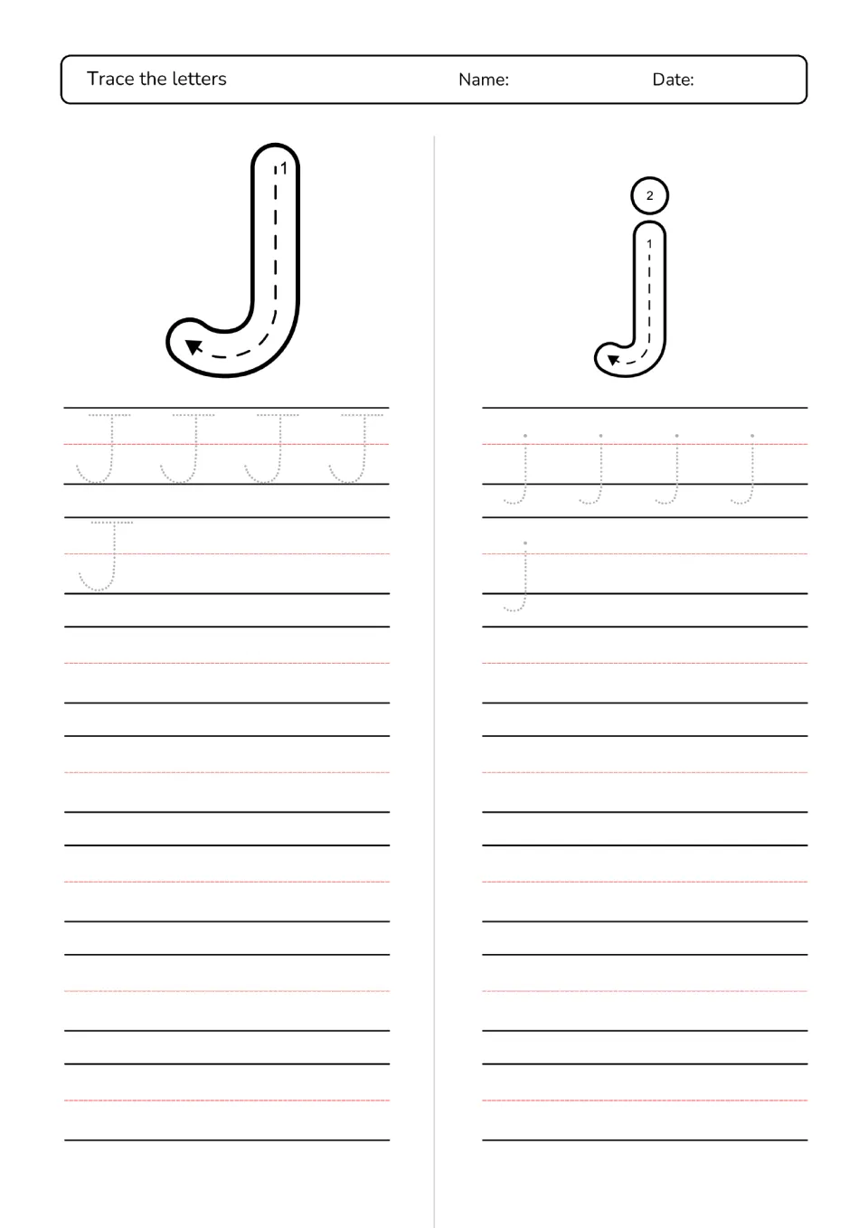 Letter J and j handwriting: students trace the hooked stroke of J, the j stroke with its dot, then dotted J and j letters
