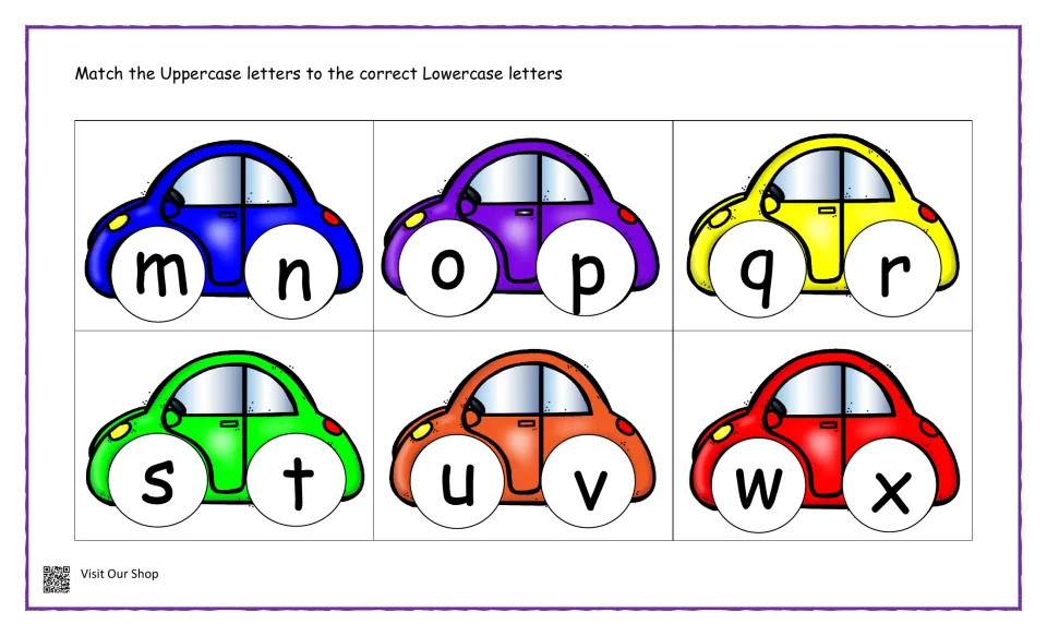 Letter matching m to x: students pair uppercase letters with the lowercase letters on the wheels of six colored cars