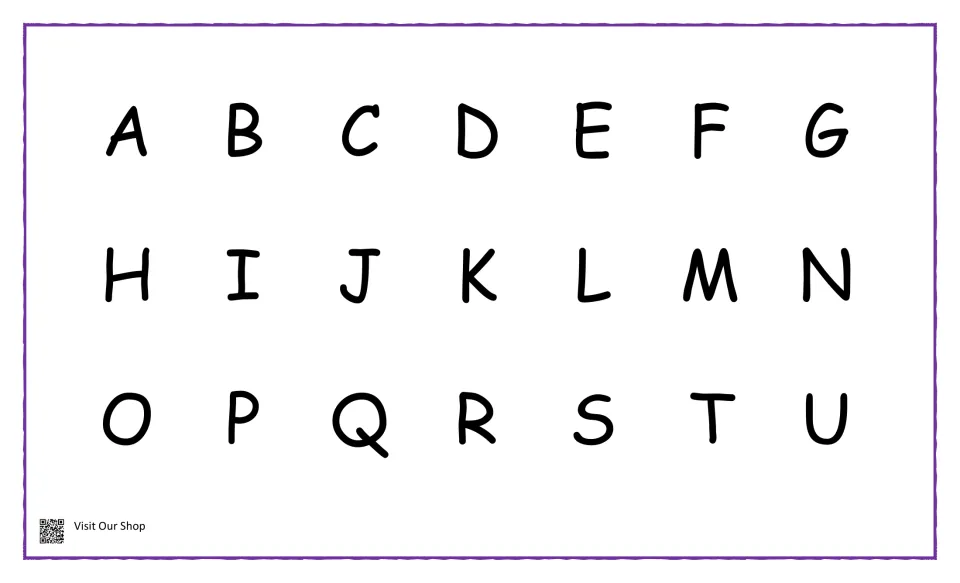 Uppercase letters A to U in three rows for students to match onto the lowercase letter wheels of the car cards