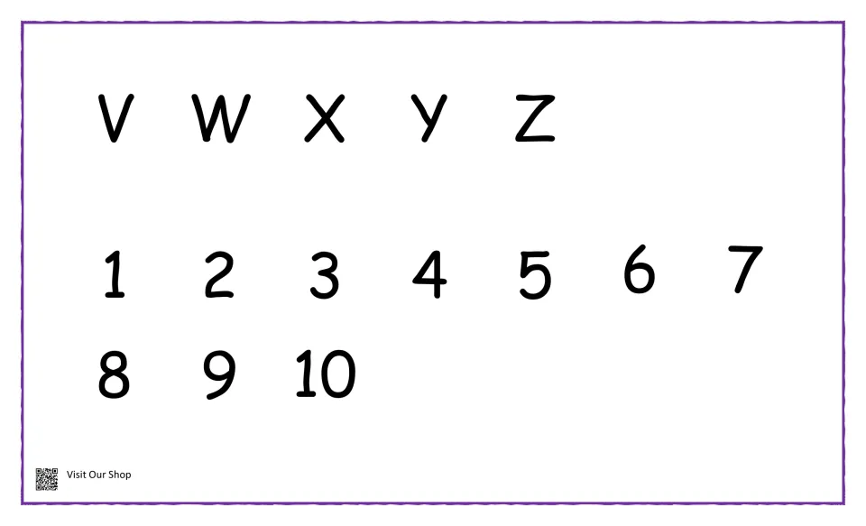 Uppercase letters V to Z and numbers 1 to 10 for students to match onto the car wheels showing the same symbols