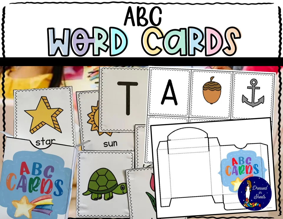 ABC Word Cards cover showing letter, picture and word cards such as A, acorn, anchor, star and sun, plus a card box