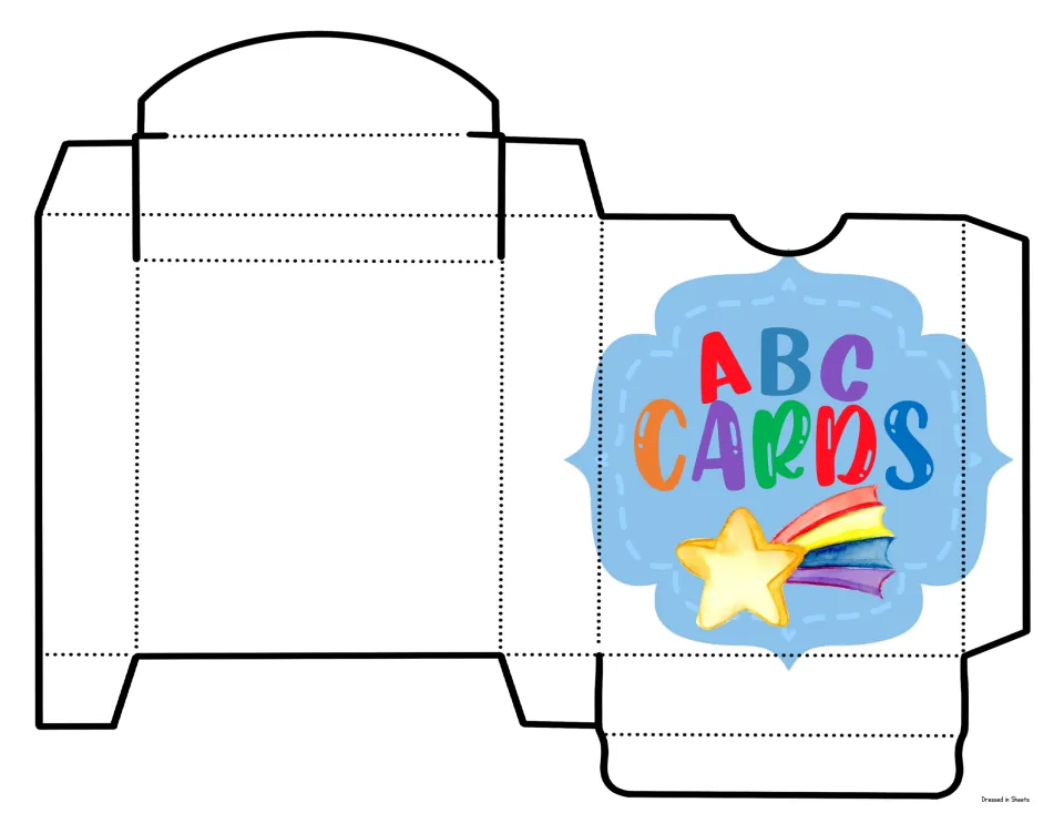Card storage box template labeled ABC Cards with a shooting star; students cut and fold it to hold the cards