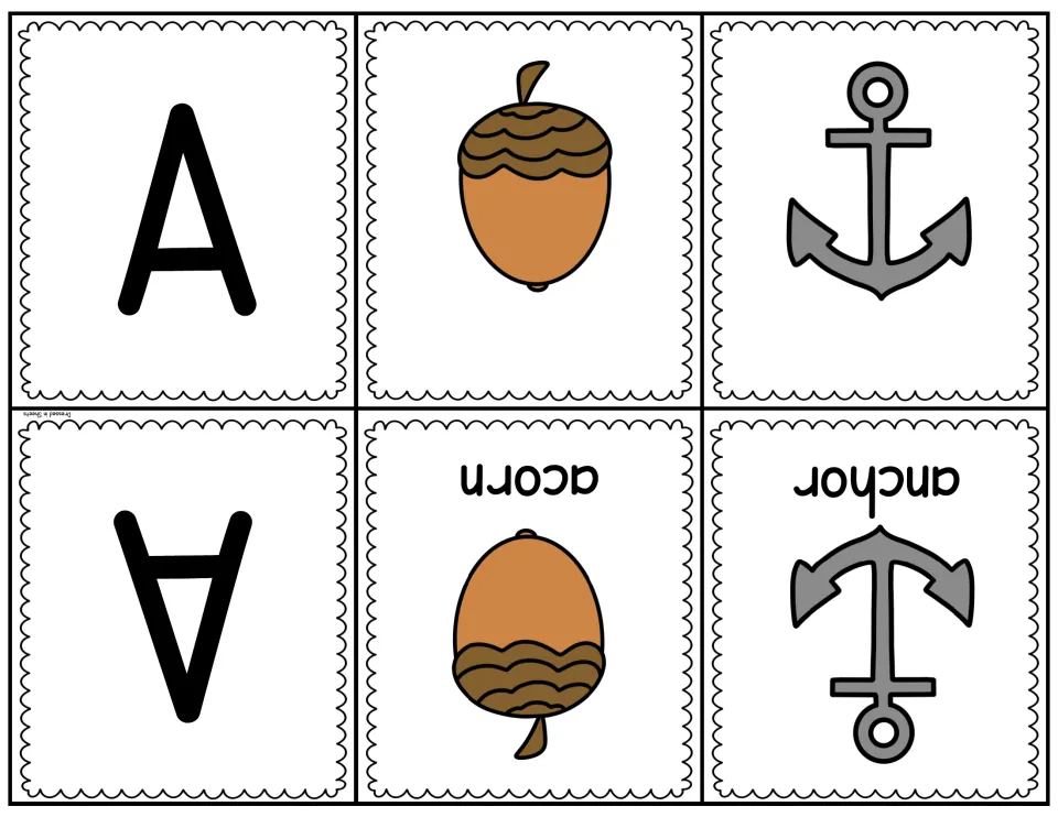 Letter A fold-over cards: A, acorn and anchor pictures, with the words acorn and anchor printed on the fold-back side