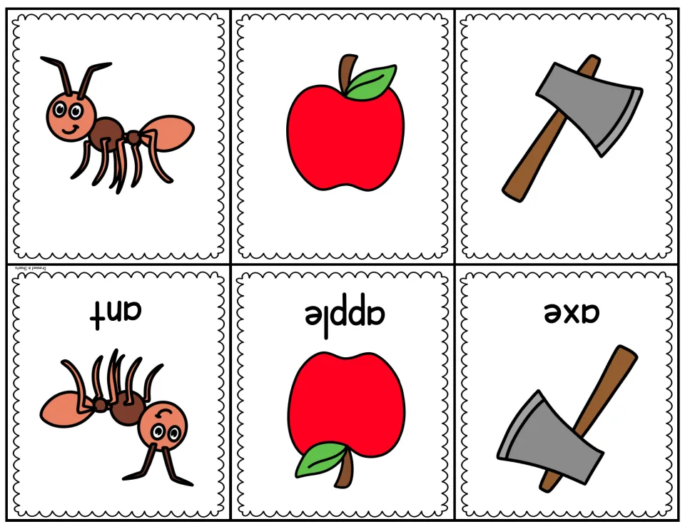 Letter A picture-word cards for ant, apple and axe; each folds in half to show the picture with its word on the back