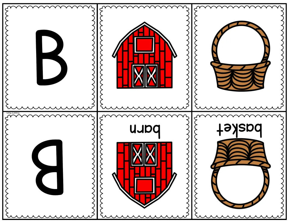Letter B fold-over cards: a capital B card plus barn and basket pictures, each paired with its printed word on the back