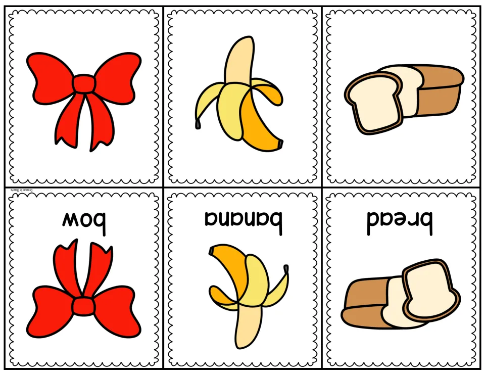 Letter B picture-word cards for bow, banana and bread to cut and fold, matching each picture to its beginning sound