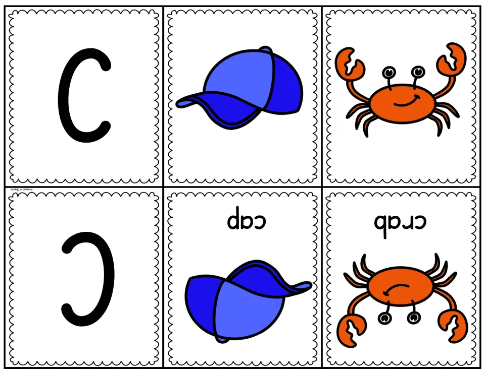 Letter C fold-over cards: a capital C card with cap and crab pictures, each folding to show its word on the reverse