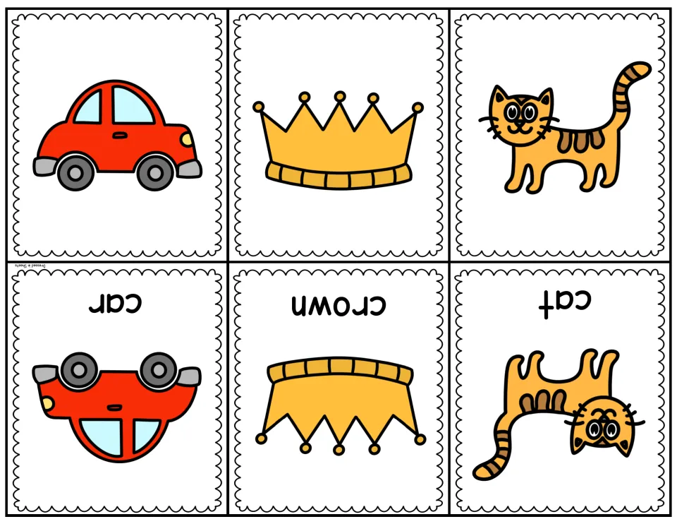 Letter C picture-word cards for car, crown and cat; students cut and fold each to link the picture with its c word
